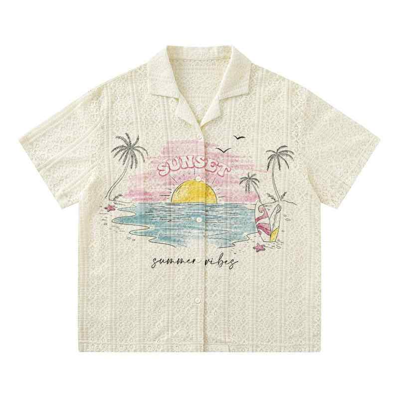 シャツ カップル ペア メンズ レディース 半袖 アメリカン レトロ リゾート ヤシの木柄 プリント 透かし編み 刺繍 夏 ゆったり ビッグシルエット ナイロン カジュアル ベージュ