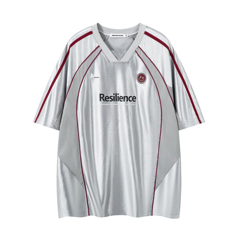 Tシャツ メンズ Vネック 半袖 アメリカンレトロ アメカジ スポーツライン ビッグシルエット ゆったり ルーズフィット カジュアル ストリート ポリエステル ナンバープリント 通気性 サマー