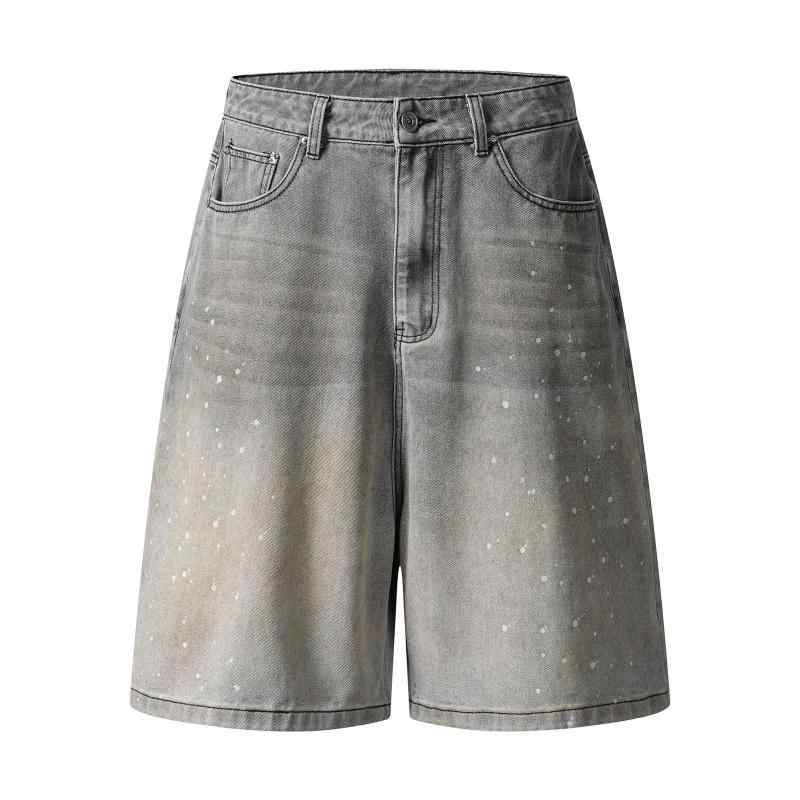 ショートパンツ メンズ レディース アメリカンレトロ ウォッシュ加工 ダメージ加工 スプラッシュペイント ハーフ丈 デニム ゆったり ルーズフィット カジュアル ストリートファッション 春夏 グレー