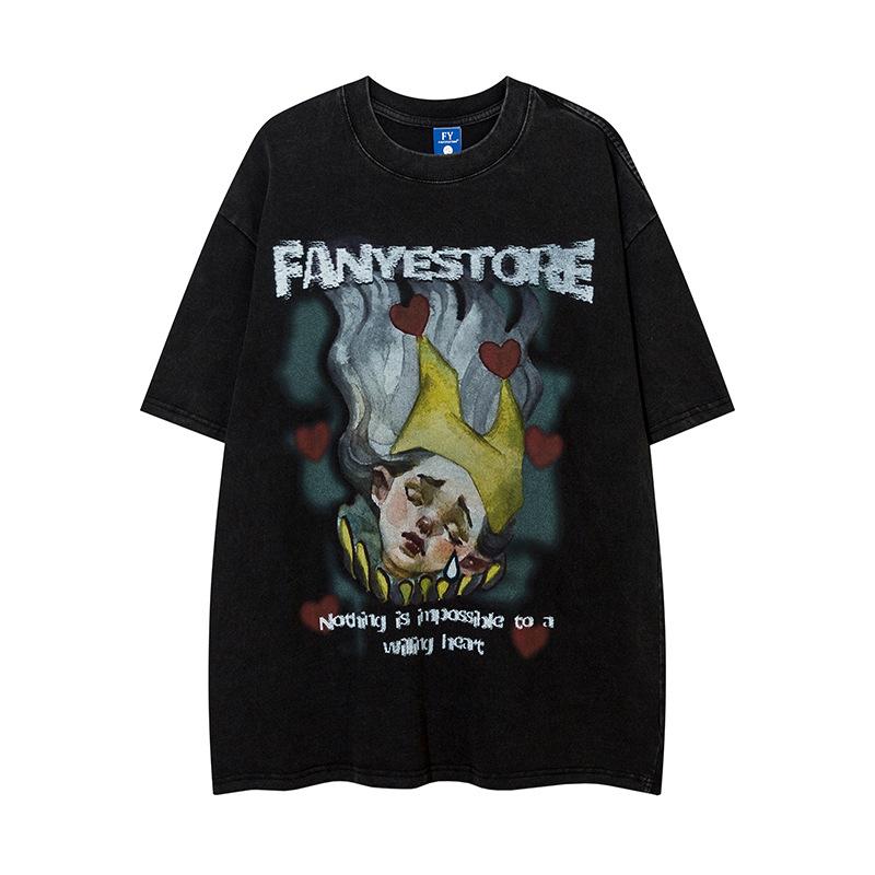Tシャツ 男女兼用 ユニセックス 綿 クルーネック ルーズフィット ビッグシルエット ストリート系 童話 カートゥーン柄 ウォッシュ加工 インクプリント ペアルック カップルコーデ 通気性 カジュアル 普段使い 黒 グレー 春夏