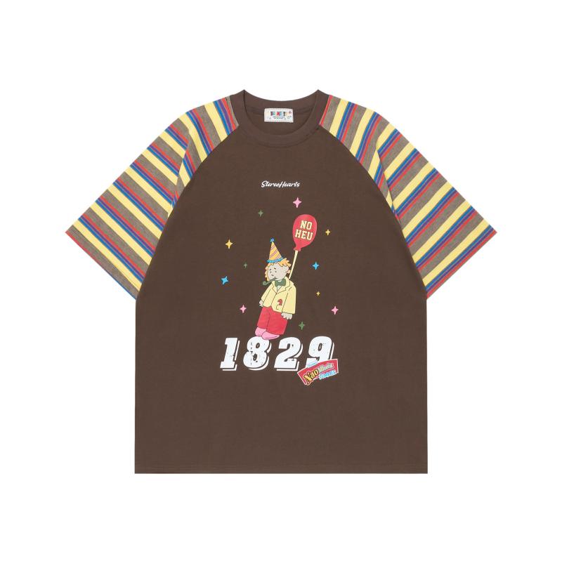 Tシャツ メンズ ゆったり アメカジ 切り替え カラーブロック 半袖 綿 男女兼用 カジュアル 丸首 カートゥーン柄 春夏