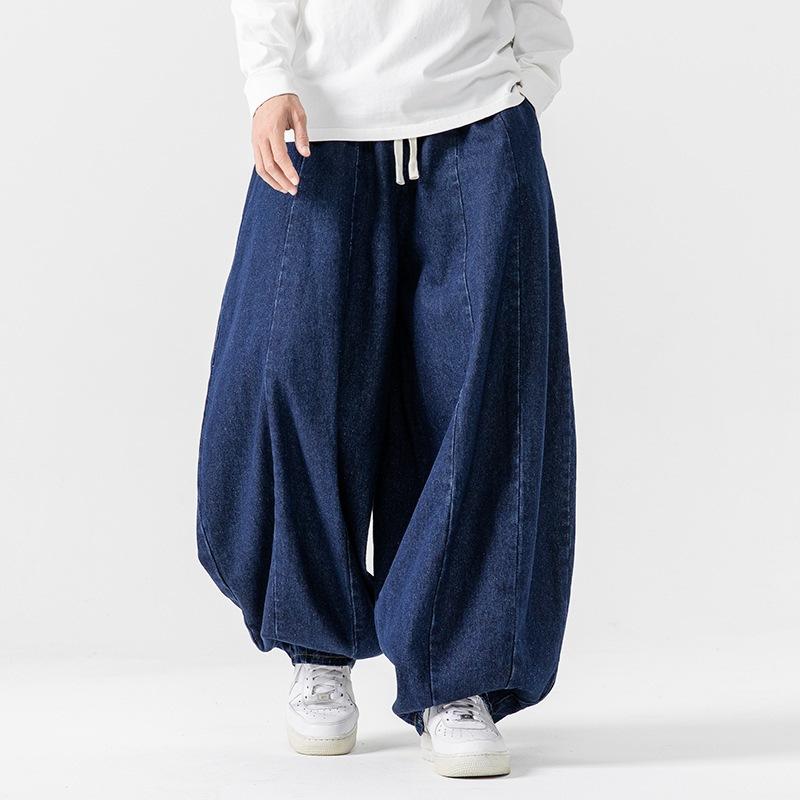 デニムパンツ メンズ 大きいサイズ ゆったり ルーズ ワイド フレア フルレングス 日系 レトロ ヴィンテージ ウォッシュ加工 綿 ノンストレッチ 通年 カジュアル｜花りぼん