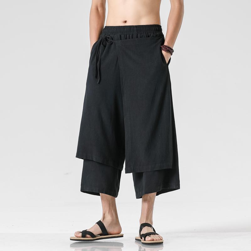 カジュアルパンツ メンズ 春夏 ゆったり 大きいサイズ 麻 リネン ワイドパンツ 七分丈 漢服風 唐装風 薄手 普段使い リラックスウェア