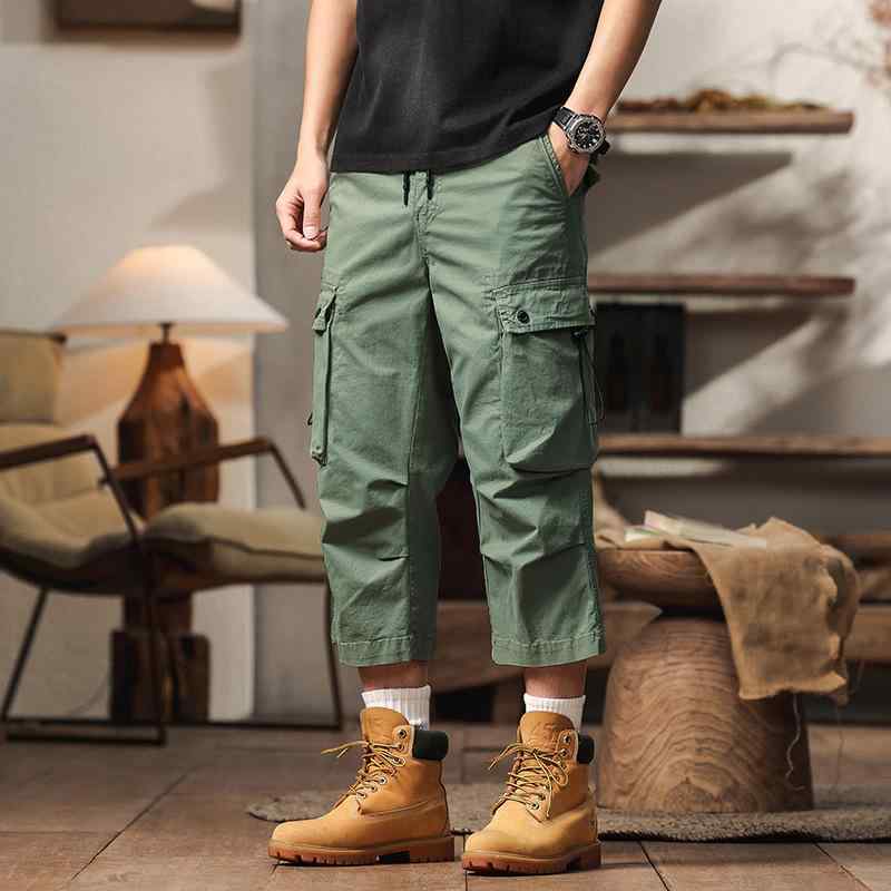 カーゴパンツ メンズ アメリカン レトロ ゆったり ストレート クロップドパンツ 多機能ポケット 薄手 ストレッチ ハイウエスト 無地 コットンブレンド 春夏 カジュアル