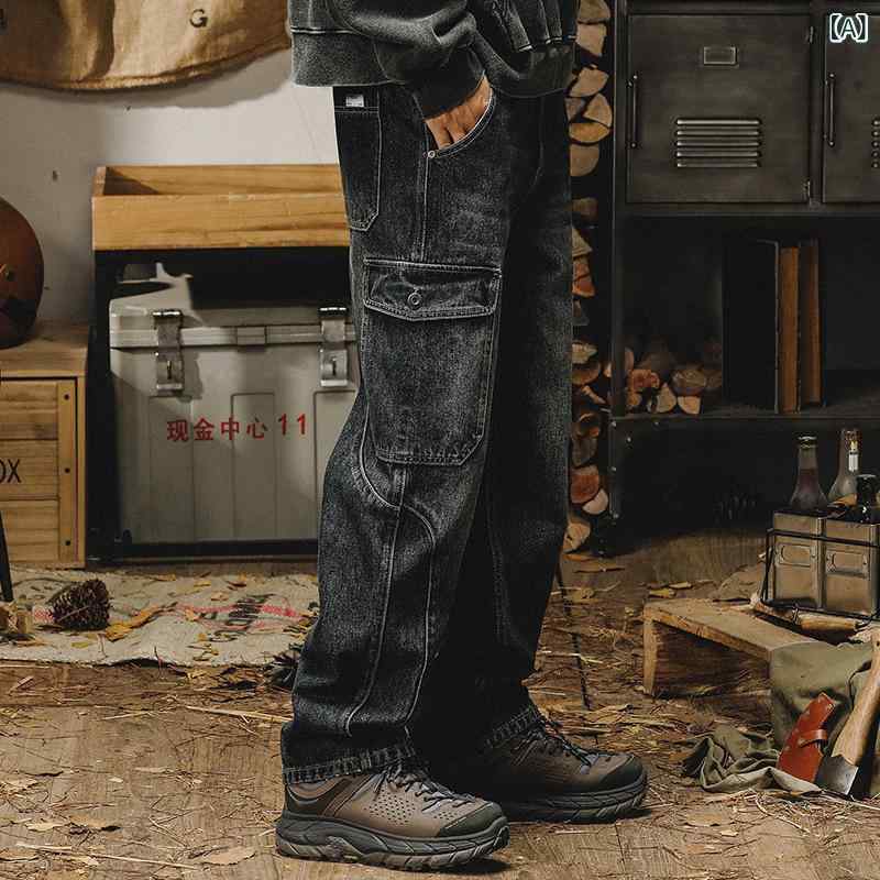 デニムパンツ メンズ アメカジ ヘビーオンス ヴィンテージ ウォッシュ加工 ストレート ゆったり ルーズフィット 大きいサイズ 多ポケット ワークパンツ ブルー