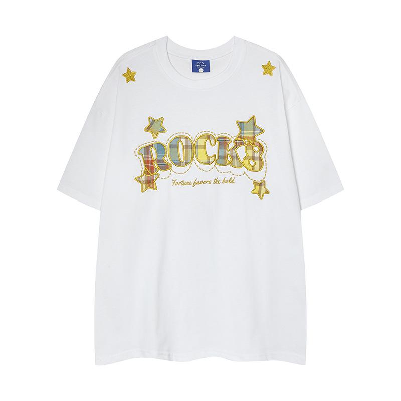 Tシャツ メンズ レディース ユニセックス アメカジ風 パッチワーク 刺繍 半袖 ゆったり ビッグシルエット ストリート カジュアル 夏 コットン クルーネック
