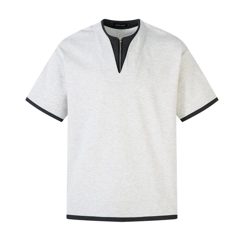 Tシャツ メンズ ストリート 配色切り替え ハーフジップ ゆったり ルーズフィット 半袖 カジュアル 着回し コットン 綿 夏