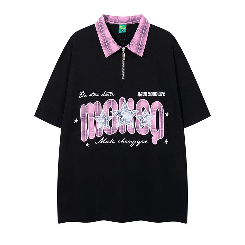 Tシャツ メンズ ストリート系ブランド 個性的デザイン カラーブロック アップリケ刺繍 襟付き 半袖 ゆったり オーバーサイズ カジュアル アメカジ ハーフジップ ロゴ 綿 夏 トップス