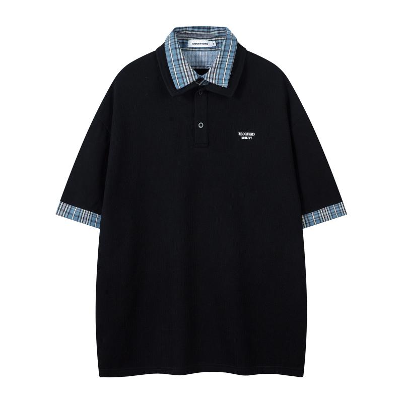 Tシャツ メンズ アメリカンレトロ ロゴプリント 襟付き 半袖 トップス ルーズフィット ビッグシルエット 綿 コットン カジュアル ユニセックス 男女兼用 春夏