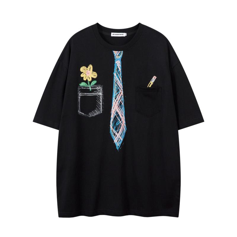 Tシャツ メンズ 男女兼用 春夏 手描き風ネクタイ柄 プリント デザイン クルーネック 半袖 ゆったり ストリート系 カジュアル 普段使い ペアルック 綿100% ブラック 杢グレー トップス