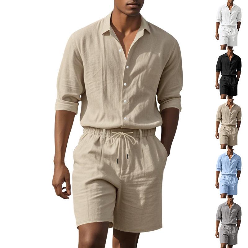 セットアップ メンズ 男性用 麻 リネンブレンド 長袖シャツ ショートパンツ 夏 カジュアル ゆったり ルーズフィット アメカジ ビーチ リゾート シンプル 2点セット ツーピース