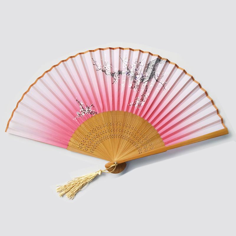 工芸扇 かわいい 折りたたみ扇 中国風 古風 舞踊扇 ダンス扇 竹骨 絹布 花柄 梅花柄 牡丹柄 荷花柄 梨花柄 桜花柄 黒 茶 ピンク｜花りぼん