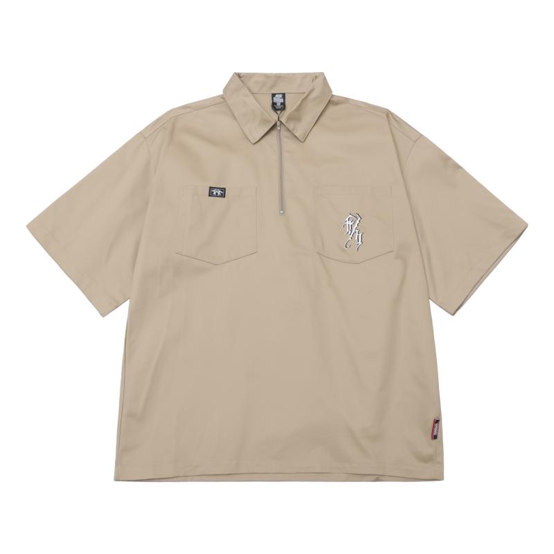 シャツ メンズ ビッグシルエット ハーフジップ 半袖 アメリカン レトロ HIPHOP スケートボード ストリート ワークシャツ シルケットコットン 通気性 防シワ アイロン不要 刺繍ロゴ 夏 5,053円
