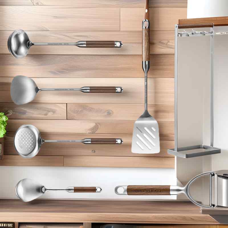 調理器具セット フライ返し 炒めヘラ お玉 穴あきお玉 316ステンレス鋼 ローズウッド 花梨木柄 家庭用 大型 耐熱 収納スタンド付き|花りぼん