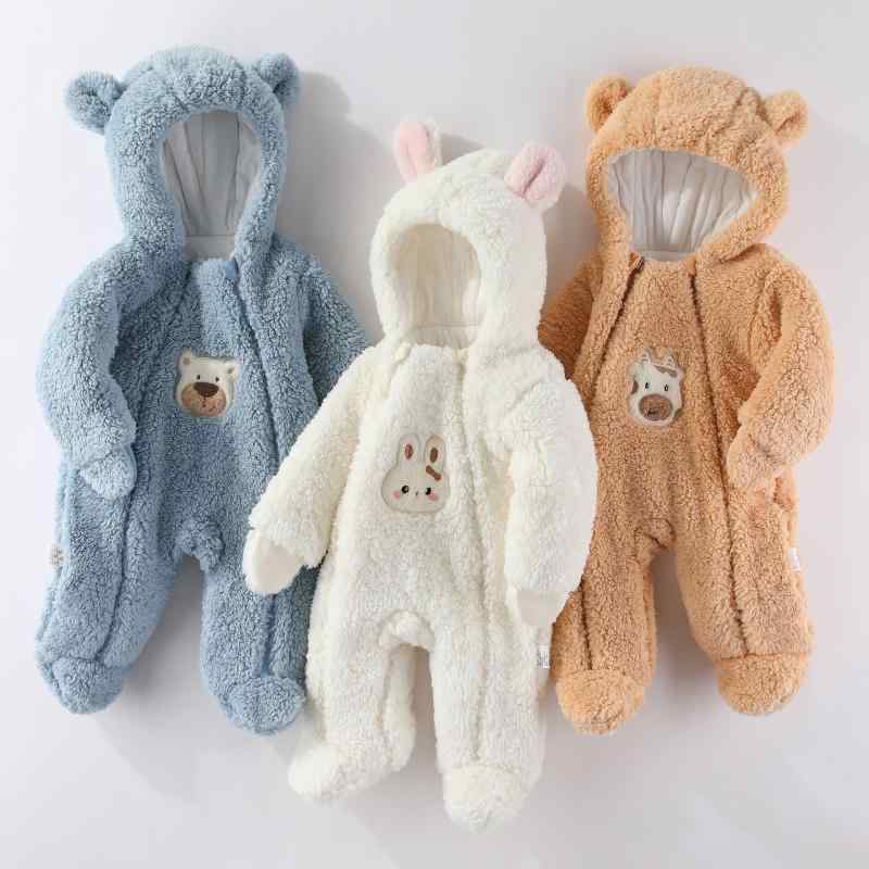 ベビー ロンパース 新生児 赤ちゃん 冬物 厚手 防寒 極厚 ボア素材 ふわふわ もこもこ フード付き カバーオール ジップアップ 前開き 長袖 外出着 お出かけ 真冬用