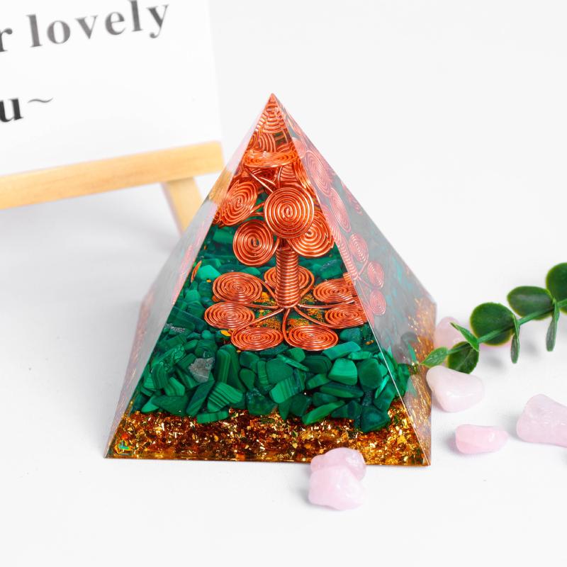 置物 天然水晶 アメジスト 紫水晶 ピラミッド 孔雀石 マラカイト 砕石ベース 銅線 スパイラルツリー デスクトップ オブジェ オフィス 書斎 癒しアイテム ギフト 開運 幸運