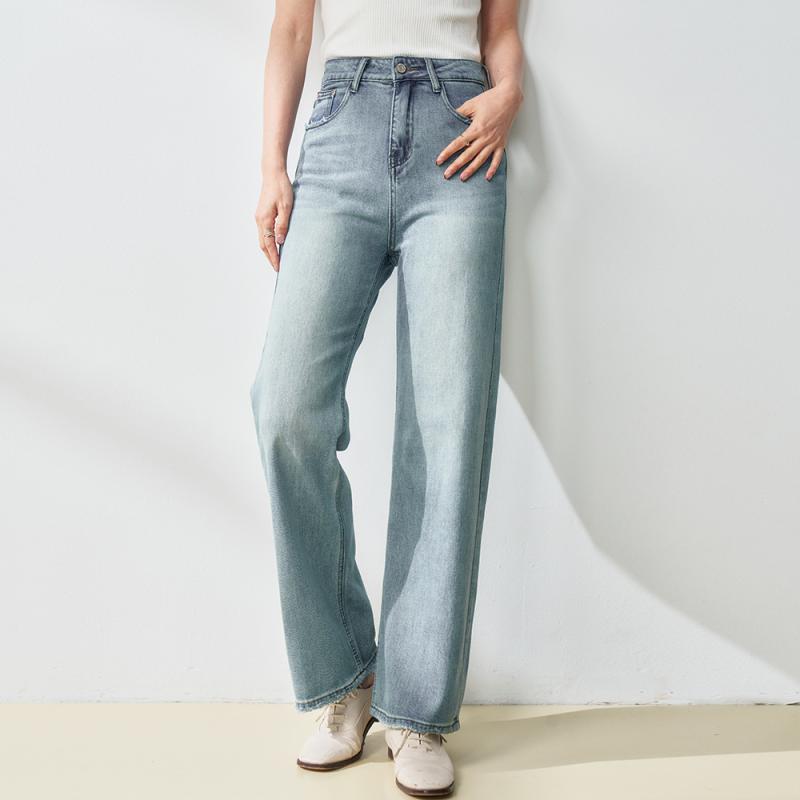 デニムパンツ 春夏 ハイウエスト ストレート ワイド 細見え スリム 上質 カジュアル シンプル レトロ 綿 ポリエステル ブルー 通勤 普段使い 微弾性 ストレッチ