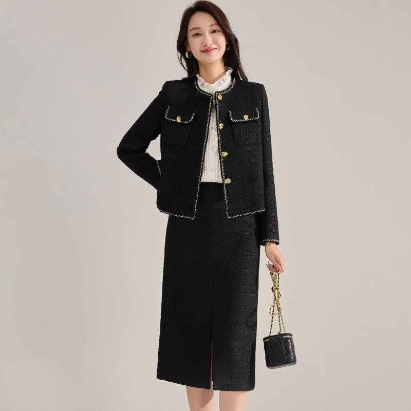 レディース 春夏 黒 ツイード 光沢糸 ショート丈 ジャケット ミモレ丈 スカート 切り替え 通勤 オフィス きれいめ 上品 エレガント