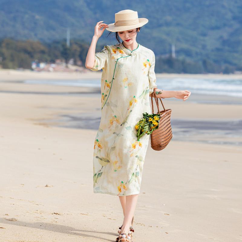 ワンピース レディース 高級感 ラミー麻 麻素材 花柄アートプリント 改良チャイナドレス 中華風 レトロ 斜め合わせ スタンドカラー チャイナボタン ロング丈 Iライン 5分袖 春夏 普段使い お出かけ