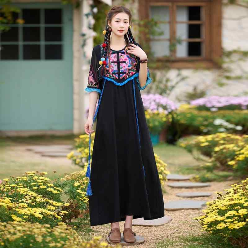 ワンピース レディース 重厚刺繍 花柄 レトロ クラシック エスニック ジャガード 麻 リネン ロング丈 ノースリーブ プルオーバー ラウンドネック ハイウエスト フリル 無地 春夏 エレガント 上品