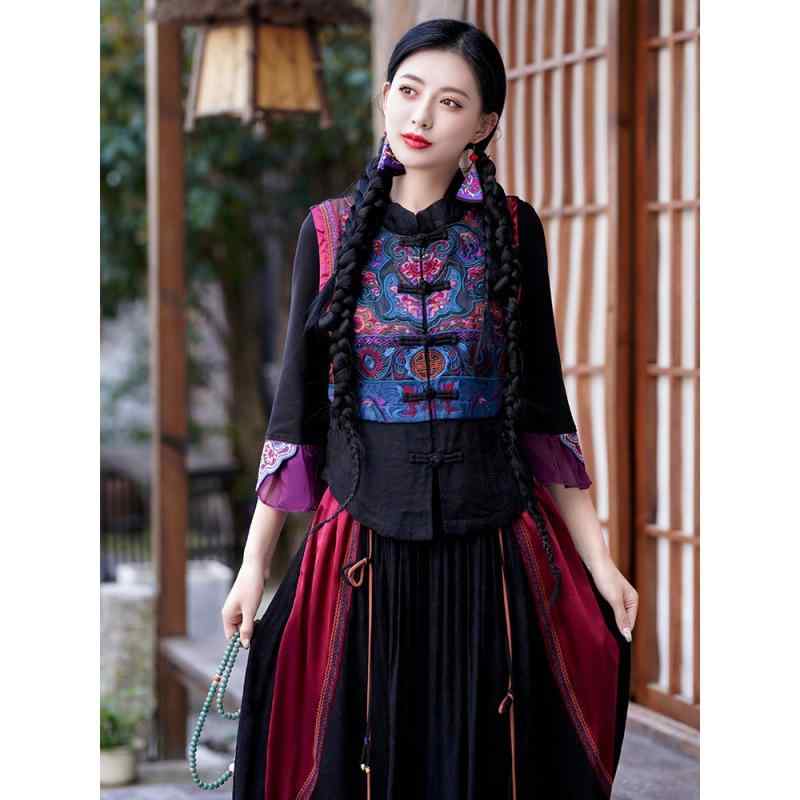 ベスト レディース 民族風 刺繍 花柄 スタンドカラー ショート丈 ノースリーブ コットンリネン サテン生地 通勤 オフィス レッド ブラック ネイビー 春夏 4,816円
