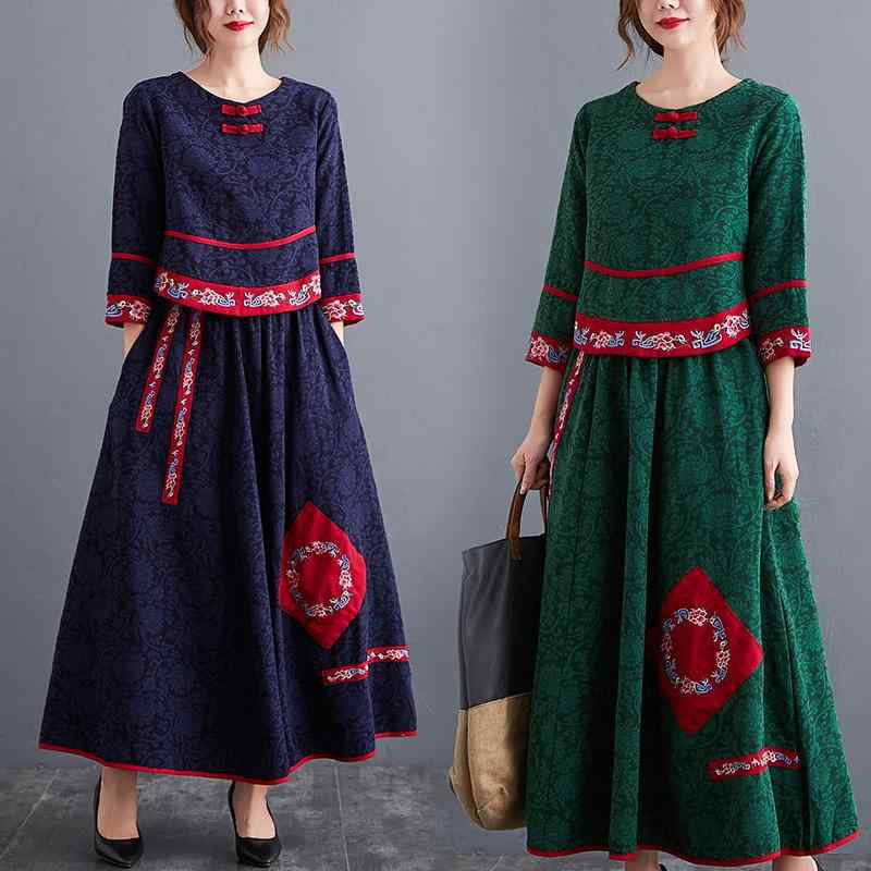 エスニック風 綿麻 刺繍 チャイナボタン ゆったりサイズ トップス スカート ミモレ丈 ウエストゴム ハイウエスト Aライン 秋冬