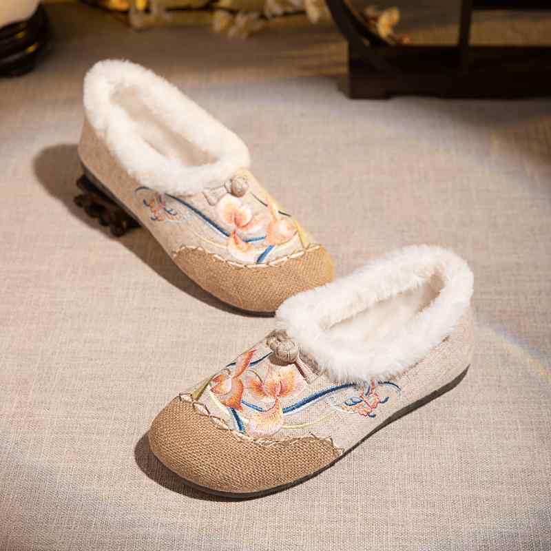 布 レディース 秋冬 裏ボア 防寒 あったか 軽量 やわらかソール 靴 ミセス エスニック 刺繍 チャイナ風 フラット ぺたんこ 帆布 普段使い カジュアル