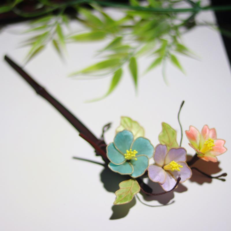 髪飾り 伝統工芸 絨花 かんざし シルク 七宝細工 中華風 レトロ アンティーク調 花モチーフ 結婚式 パーティー お祭り 漢服 チャイナドレス まとめ髪