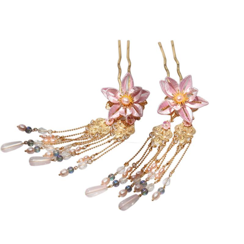 簪 女の子 桃の花 巻き花 細工 ゆれる 歩揺 パール タッセル ピンク レトロ アンティーク 上品 クラシック 華やか 漢服 和装 コスプレ ヘアアクセサリー ペア