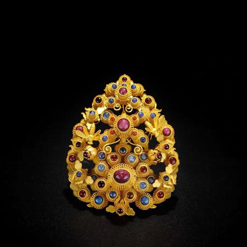 髪飾り 古風 漢服風 金銅メッキ 花細工 宝石象嵌 かんざし 簪 ヘッドドレス ヘアアクセサリー 新娘用 旗袍用 和装 婚礼 舞台 中国風 成人式 発表会 アンティーク調