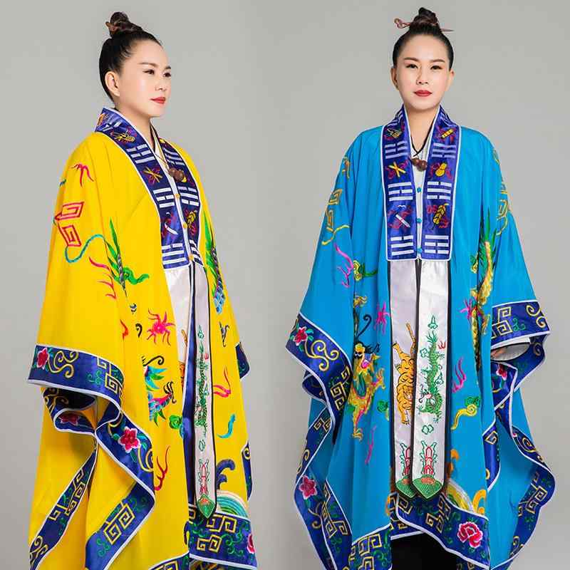 道服 男女兼用 本格 道教 太極拳お召しもの 中国武術 武術服 八卦 刺・墸 双龍 法衣 ポリエステル 読み合わせる着 一こまお召しもの 舞い躍る用 赤 青 黄