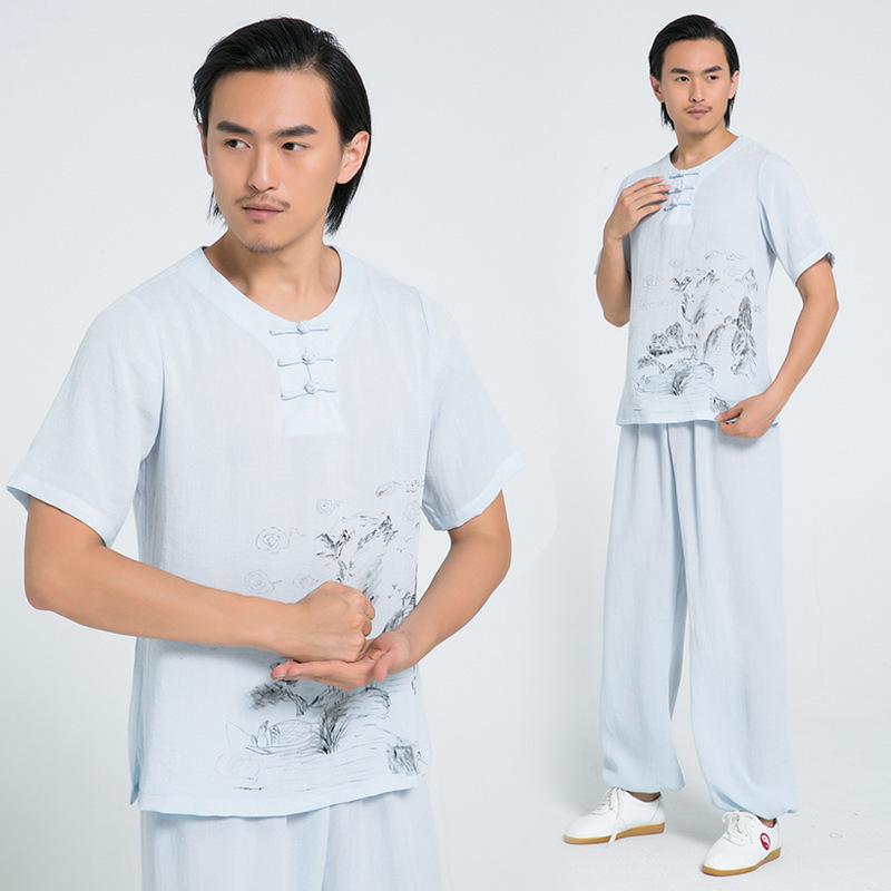 太極拳お召しもの メンズ 成人男性用 漢服 民族風 中国服 墨付き リネン 半袖 ゆったり 読み合わせる着 読み合わせる着 舞い躍る服 上下仕掛ける 通気性 春夏