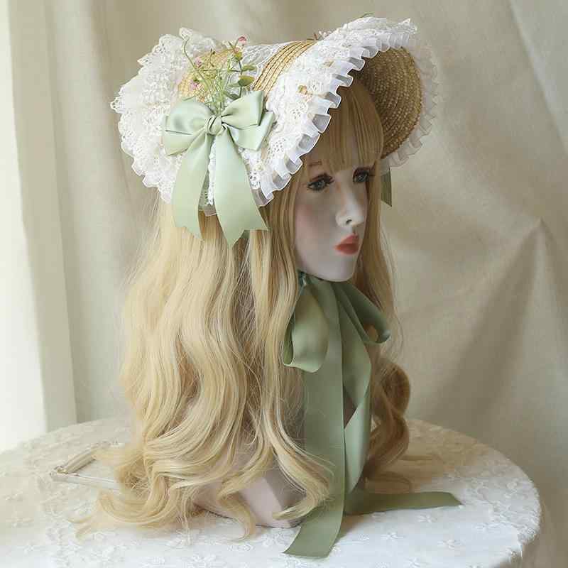 麦わら帽子 レディース フランス風 ボンネットハット ロリータファッション エルフ風 ハンドメイド カントリー調 かわいい レース 造花 若草色 ストローハット 春夏
