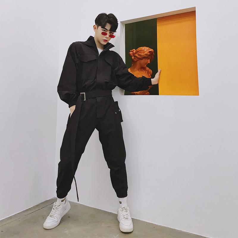 セットアップ メンズ 男性用 ジャケット カーゴ オールインワン ワークスタイル 秋 ダーク系 ストリート ヒップホップ 多ポケット ルーズフィット 綿混 伸縮性 クロップド丈 ブラック 無地|花りぼん