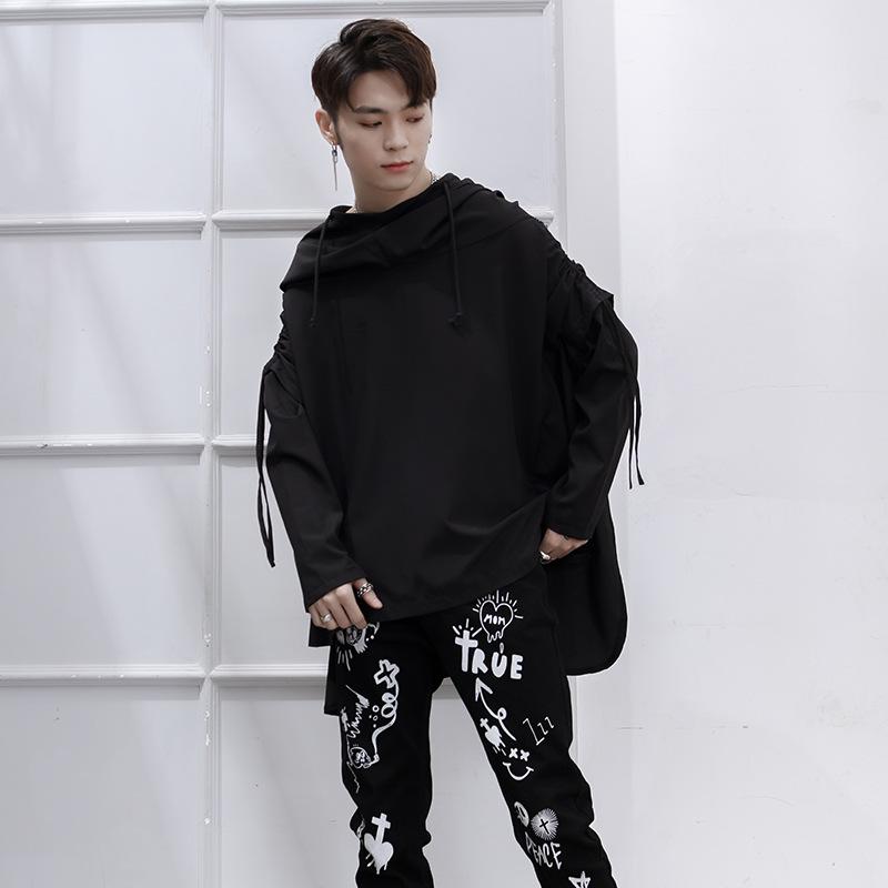 パーカー メンズ 春夏 綿混 黒いこと 個人的特徴的 非対称 ロング丈 ボンネット付き添い人 原宿系 まっ黒い系 フェイクレイヤード ゆったり 厚地の外套大きさ ドルマンスリーブ ポンチョ風 流汗