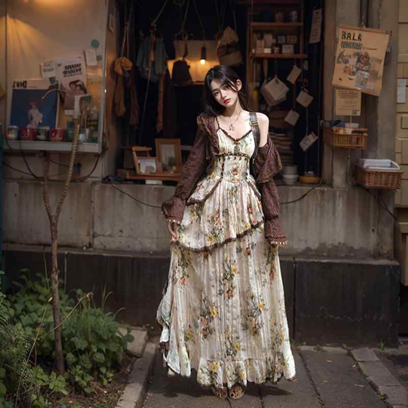 レディース 衣装セットアップ ボヘミアンテイスト アシンメトリーヘム マキシ丈 ノースリーブお召しもの 長袖ジレー マラードコーデ ワイルドローズ ポリエステル 春夏 たまり場 デイリー若い衆