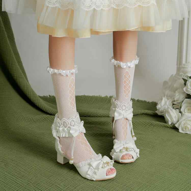 サンダル レディース JK風 ロリータ ハイヒール リボン レース ポインテッドトゥ ワンストラップ ガーリー かわいい プリンセス 合成皮革 春夏 白 アイボリー ピンク