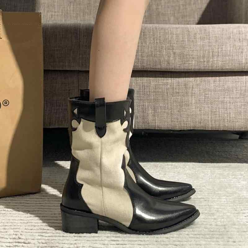ブーツ レディース ブラック ポインテッドトゥ ショート丈 ウエスタン ジョッキー レトロ ファッション PUレザー チャンキーヒール ミドルヒール プラットフォーム 個性的 デザイン 通気性 春夏 普段使い お出かけ