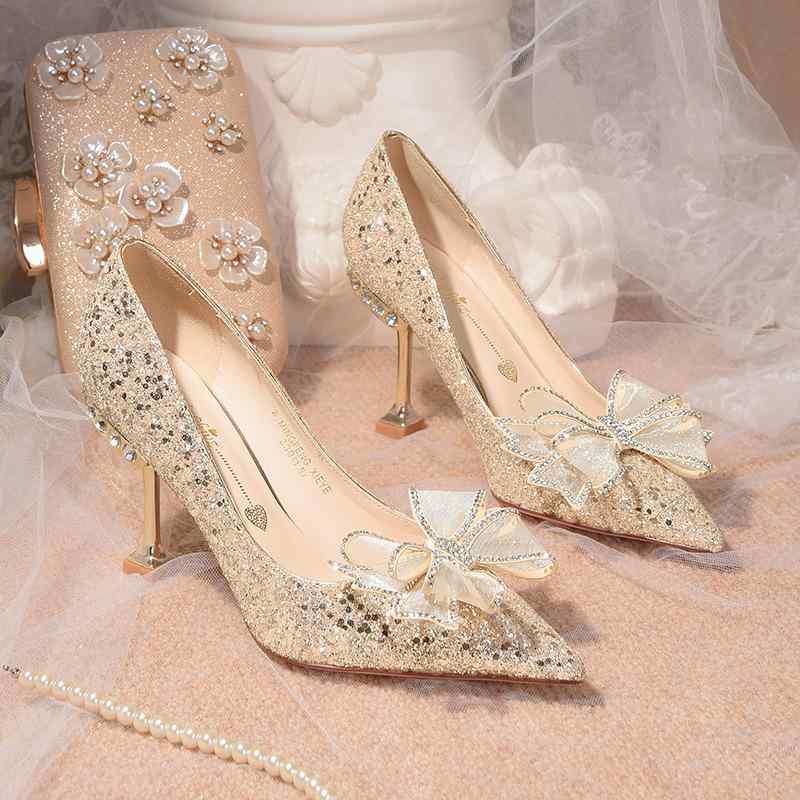 靴 ウェディングハイヒール レディース シャンパンゴールド フレンチスタイル 華やか PUレザー 新婦 結婚式 披露宴 パーティー 礼服 ポインテッドトゥ ピンヒール ラインストーン クリスタルパンプス