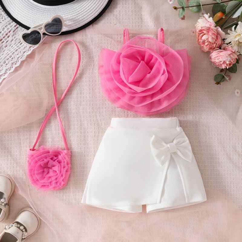 セットアップ 女の子 キッズ ベビー 春夏 上下セット 立体花 フラワーモチーフ ギャザー キャミソールトップス リボン ショートパンツ キュロット スカート風 ポリエステル 柔らかい肌触り かわいい 普段使い お出かけ 通園