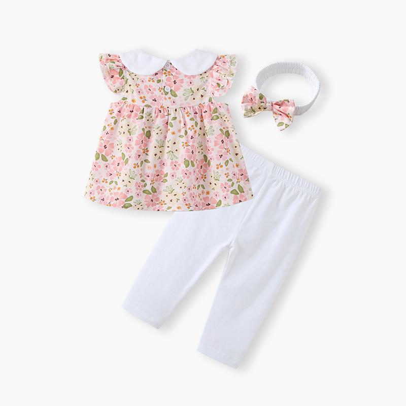 ベビー服 女の子 キッズ 1歳 2歳 3歳 夏服 半袖トップス ロングパンツ 上下セット 小花柄 田園風 ナチュラル 綿素材 コットン 柔らか 肌に優しい 普段使い お出かけ着