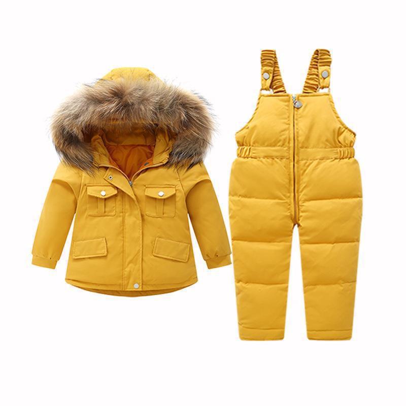 ベビー 男女兼用 中綿ジャケット セットアップ サロペット オーバーオール 2点セット 韓国風 秋冬 フード付き 厚手 無地 ナイロン ポリエステル 黒 ピンク 黄色