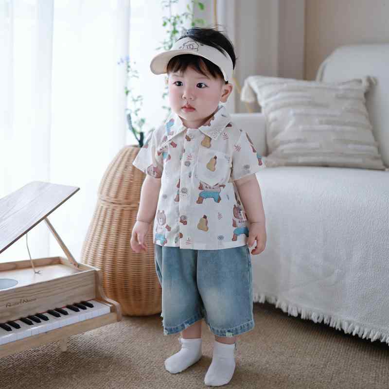ベビー 男の子 乳幼児 夏 半袖シャツ デニム 7分丈 パンツ 綿 コットン 薄手 柔らかい 肌触り 快適 韓国風 かわいい お出かけ カジュアル セットアップ