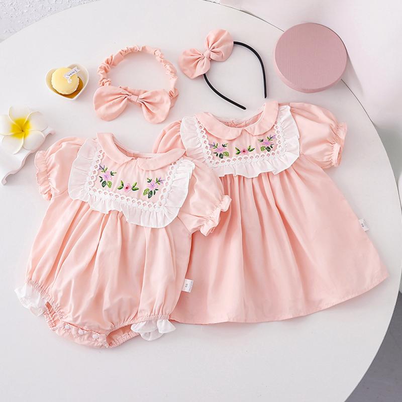 ベビー服 女の子 ベビー 女児 ロンパース カバーオール ワンピース ドレス ピンク 半袖 綿100% 肌に優しい 韓国風 春夏 姉妹お揃い シミラールック 普段着 お出かけ