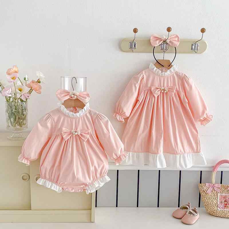 ベビー キッズ 姉妹コーデ ロンパース カバーオール ワンピース ドレス ピンク 長袖 三角カバーオール プリンセス スウィート コットン 春秋 お出かけ 普段使い