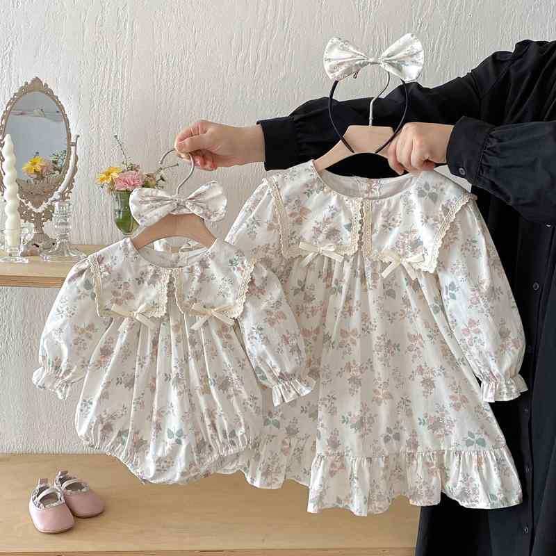 ワンピース ロンパース ベビー 女の子 三角デザイン プリンセス ドレス風 ロングスリーブ 襟付き プルオーバー スクールスタイル 姉妹お揃い 綿100% 春秋 かわいい おしゃれ お出かけ着