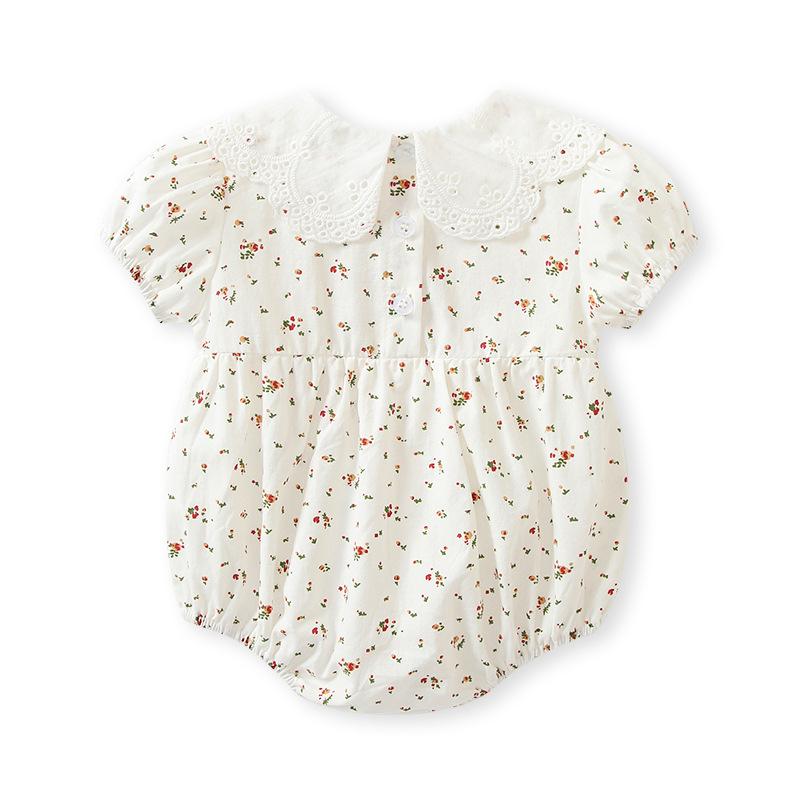 ロンパース 女の子ベビー 新生児 小花柄 レトロ調 半袖 付け襟 コットン 綿100% 肌に優しい 通気性 普段着 春夏 カジュアル オフホワイト カバーオール