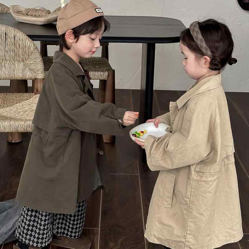 コート 子供 男の子 女の子 ユニセックス ロング トレンチコート 秋 防風 無地 ゆったり カジュアル 綿 コットン 襟付き 長袖 シングルボタン ベージュ グリーン