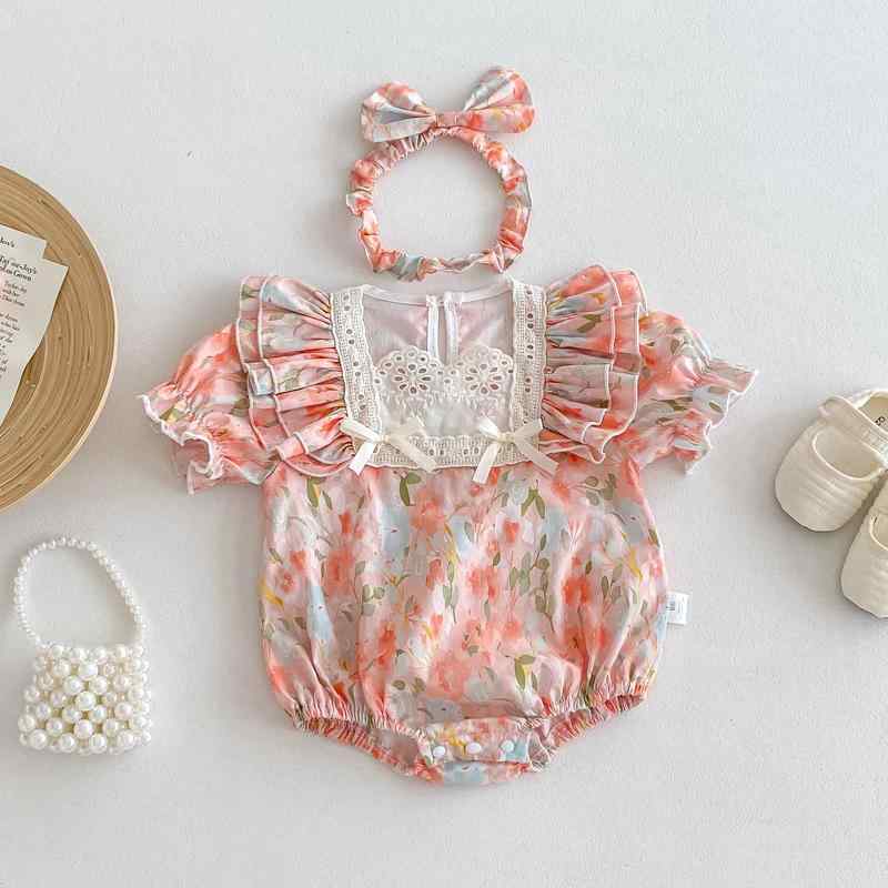 ロンパース カバーオール ベビー 女の子 春夏 韓国風 小花柄 フリル袖 半袖 綿100% 乳幼児 赤ちゃん服 かわいい 普段使い お出かけ