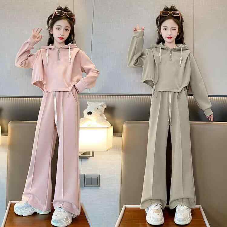 セットアップ 女の子 春秋 フード付きトレーナー スウェット ストレートワイドパンツ ジュニア キッズ 子供服 韓国風 おしゃれ カジュアル 上下セット 2点セット